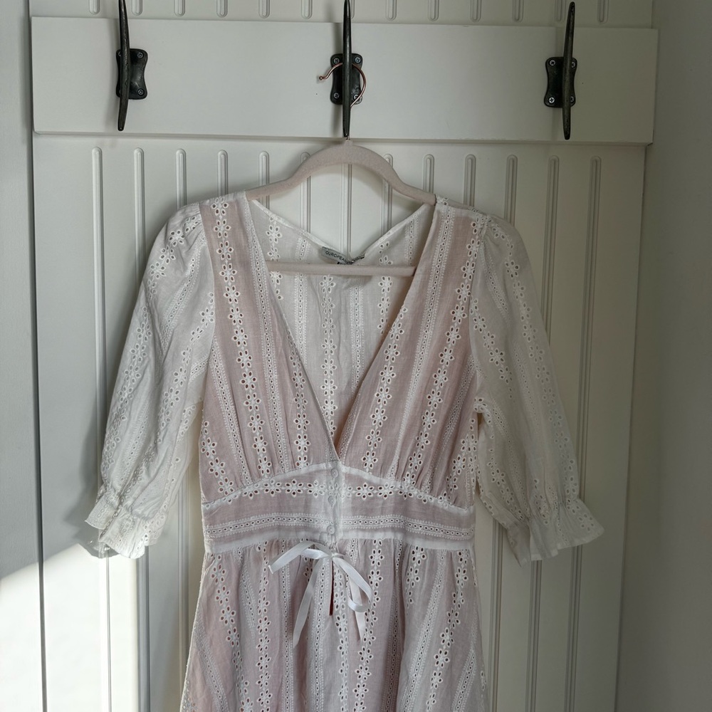 White Eyelet Cotton Coastal Cowgirl Festival Garden Girl Mini Dress Euro Summer - Picture 8 of 11